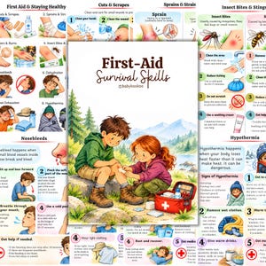 Puede incluir: Un póster titulado First-Aid Survival Skills con una ilustración en acuarela de un niño con sudadera verde poniendo una venda en la rodilla de otro niño, con un botiquín rojo cerca, frente a un paisaje de montañas y bosques.