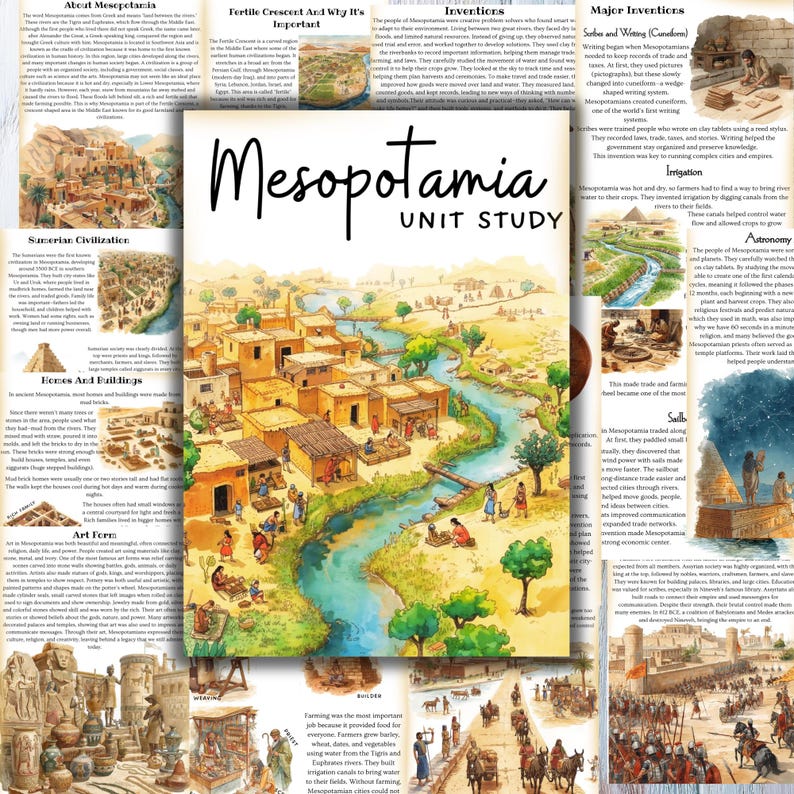 May include: A colorful educational poster titled "Mesopotamia Unit Study" with illustrations of ancient Mesopotamian life, including buildings, rivers, and people. The poster includes text about the civilization.