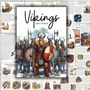 Può includere: Uno studio didattico a tema vichingo con illustrazioni di navi vichinghe, guerrieri e scene storiche. La copertina presenta un gruppo di guerrieri vichinghi con elmi cornuti e scudi, con la parola "Vikings" in grandi caratteri.