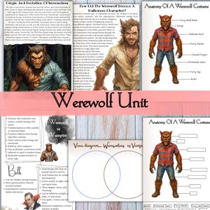 以下が含まれることがあります： 「Werewolf Unit」と題された教育用ポスター。狼男に関するイラストとテキストが含まれています。図、狼男と吸血鬼を比較するベン図、狼男の衣装の解剖図が含まれています。