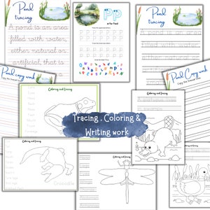 May include: A collection of educational worksheets for children, featuring tracing, coloring, and writing activities. The pages include illustrations of a pond, a frog, a crocodile, and other pond-related elements, with text prompts for tracing and writing practice.