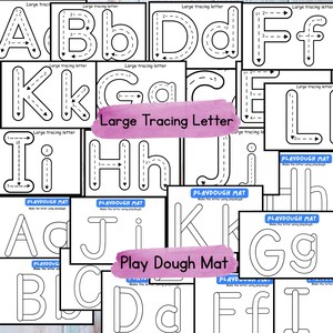 May include: Black and white printable playdough mats featuring uppercase letters A through J and L. Each letter has numbered arrows to guide tracing. The text "Large Tracing Letter" and "Play Dough Mat" are included.