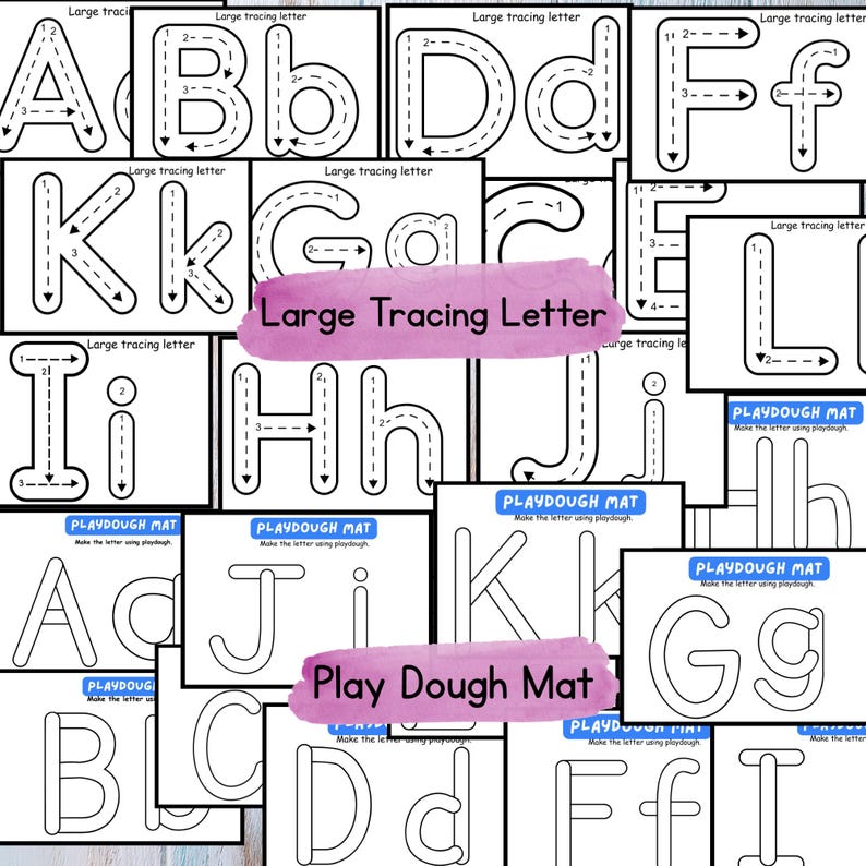 May include: Black and white printable playdough mats featuring uppercase letters A through J and L. Each letter has numbered arrows to guide tracing. The text "Large Tracing Letter" and "Play Dough Mat" are included.