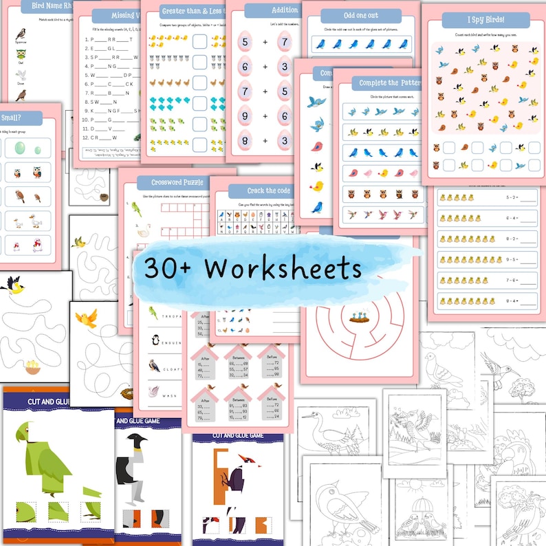 May include: A set of 30+ printable bird-themed worksheets for kids. The worksheets include activities like counting, matching, addition, and more. The worksheets are designed to help children learn about birds and develop their fine motor skills.