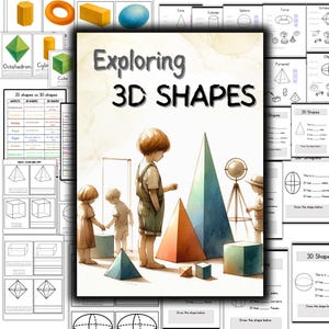 以下が含まれることがあります： 子供たちが3Dの図形を探検しているイラスト。画像には、円錐、ピラミッド、立方体、球体、円柱が含まれています。画像の上部には、大きな太字で「Exploring 3D Shapes」というテキストが書かれています。