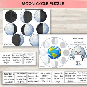 May include: A moon cycle puzzle set featuring illustrated moon phases, a central Earth diagram, and descriptive text cards. The cards include phrases like 'I am a Full Moon—big, round, and bright!' and 'Today I am a New Moon—you can't see me at all!'