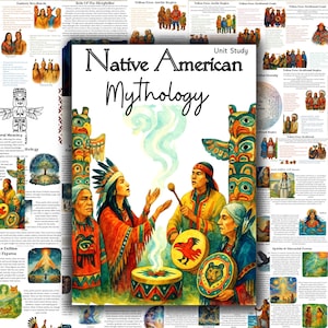 Puede incluir: Ilustración colorida titulada "Mitología nativa americana" con figuras nativas americanas, tótems y tambores. La imagen incluye texto e ilustraciones al estilo acuarela que representan un estudio sobre la cultura y espiritualidad nativa americana.