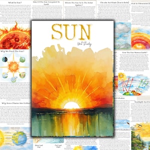 May include: A watercolour print titled "SUN Unit Study" depicts a sunset over water, with the sun's rays radiating outwards. The artwork uses orange, yellow, and green hues. Informative text surrounds the central image, detailing the sun's properties and effects.
