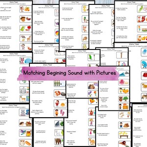 May include: A set of 16 printable worksheets for matching beginning sounds with pictures. Each worksheet features a colorful illustration and a sentence starting with a specific letter sound. The worksheets are designed for early literacy learning and can be used for preschool, kindergarten, or first grade.