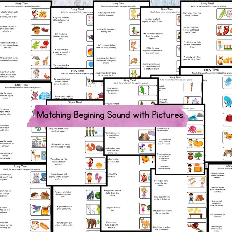 May include: A set of 16 printable worksheets for matching beginning sounds with pictures. Each worksheet features a colorful illustration and a sentence starting with a specific letter sound. The worksheets are designed for early literacy learning and can be used for preschool, kindergarten, or first grade.