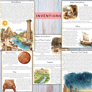 May include: Educational poster detailing Mesopotamian inventions like the wheel, sailboat, and cuneiform writing. Includes illustrations of ancient tools, maps, and astronomical observations. Features the word "INVENTIONS".