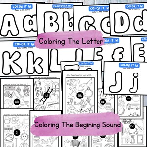May include: Black and white printable worksheets for coloring the letters A through J and identifying pictures that begin with each letter. The worksheets include the text "Color It In" and "Coloring The Letter" and "Coloring The Beginning Sound".
