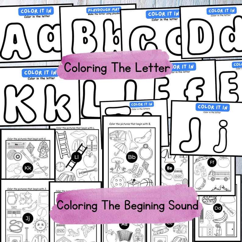 May include: Black and white printable worksheets for coloring the letters A through J and identifying pictures that begin with each letter. The worksheets include the text "Color It In" and "Coloring The Letter" and "Coloring The Beginning Sound".