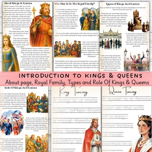 Pu&ograve; includere: Pagina educativa su re, regine e famiglie reali, con testo e illustrazioni. Include un'attivit&agrave; di tracciamento del re e della regina. Progettata per scopi educativi.