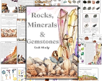 May include: A watercolor illustration of rocks, minerals, and gemstones. The image features a variety of rocks, minerals, and gemstones in different colors and shapes. The text "Rocks, Minerals & Gemstones Unit Study" is written in a white font on a pink background.