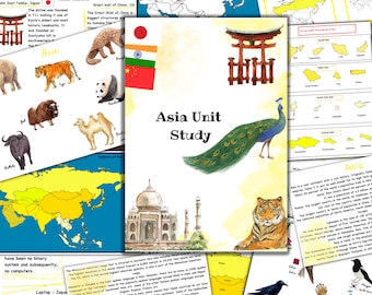 May include: A colorful illustrated guide to Asia, featuring a peacock, a tiger, a map of Asia, and the Taj Mahal. The text "Asia Unit Study" is written in a large font at the top of the page.