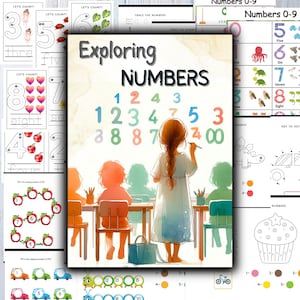 Pode incluir: Uma folha de trabalho colorida para crianças aprenderem os números. A folha de trabalho apresenta uma menina escrevendo números em um quadro branco, uma cena de sala de aula e várias atividades como traçar números, contar objetos e conectar pontos.