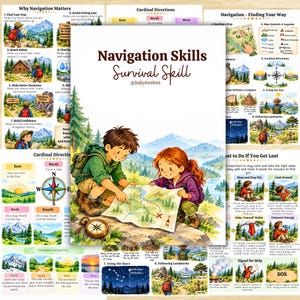 May include: An educational poster titled Navigation Skills Survival Skill by babykookoo featuring a central illustration of two children with backpacks looking at a map, surrounded by smaller instructional panels about map reading, cardinal directions, and safety.