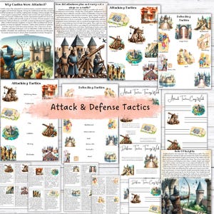 Pu&ograve; includere: Una raccolta di materiali didattici sulle tattiche di guerra medievali, con illustrazioni di macchine d'assedio e difese del castello. Il titolo &egrave; "Attack & Defense Tactics". Le misure sono in cm.