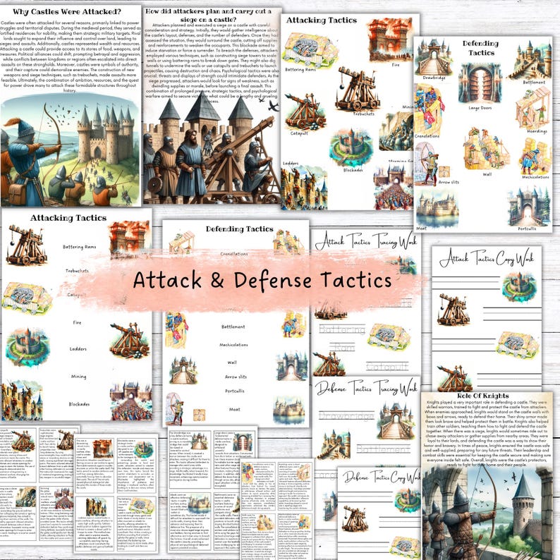 Pu&ograve; includere: Una raccolta di materiali didattici sulle tattiche di guerra medievali, con illustrazioni di macchine d'assedio e difese del castello. Il titolo &egrave; "Attack & Defense Tactics". Le misure sono in cm.