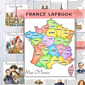 以下が含まれることがあります： フランスの学習用ラップブックキット。水彩画風のカラフルなフランス地図に都市名が記載されており、フランスのランドマーク、国章、著名人に関する情報ページと印刷されたテキストが含まれています。