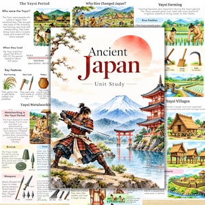 Peut inclure: Une étude pédagogique intitulée Ancient Japan présentant une illustration centrale d'un samouraï avec un sabre, un soleil rouge, le mont Fuji et un torii. Les pages environnantes contiennent du texte, des schémas et des images.