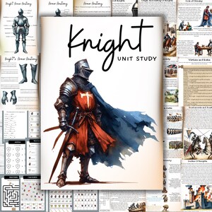 Pu&ograve; includere: Uno studio tematico intitolato "Knight" con un'illustrazione ad acquerello di un cavaliere in armatura completa, che tiene una spada. Il cavaliere indossa una tunica rossa con una croce bianca e un mantello blu. Le pagine circostanti includono testo e illustrazioni sui cavalieri.