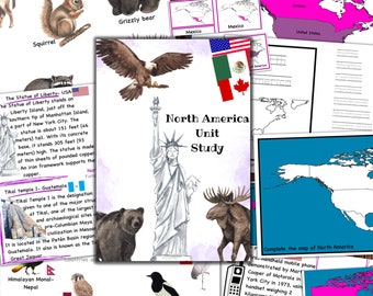 May include: A colorful North America unit study guide with illustrations of animals, maps, and the Statue of Liberty. The guide includes text about the Statue of Liberty, Tikal Temple, and the designation given to one of the major structures at Tikal.