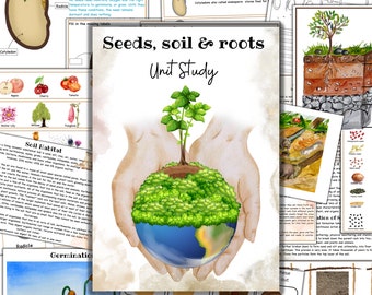 Studio dell'unità giardino, anatomia delle radici, anatomia del seme, strati del terreno, carte radici montessori in 3 parti, tipi di terreno, attività di germinazione, unità primaverile
