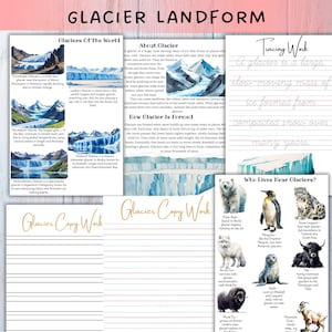 Op de afbeelding: Educatieve poster getiteld "Glacier Landform" met tekst en illustraties over gletsjers. Bevat secties over gletsjervorming, soorten gletsjers en dieren die in de buurt van gletsjers leven. Bevat handschrift oefenbladen.