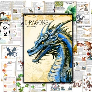 Può includere: Un'illustrazione colorata di un drago blu con occhi gialli e uno sfondo dettagliato di una mappa con le parole "DRAGONS Unit Study".