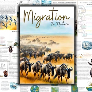 May include: A painting of a herd of wildebeest migrating across a savanna landscape. The painting is in a realistic style and features a variety of colors, including brown, tan, and green. The title "Migration in Nature" is written in a decorative font at the top of the painting.