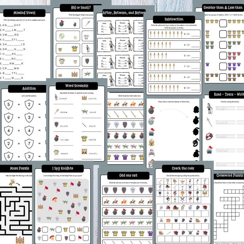 May include: A collection of educational worksheets with knight-themed activities. Includes math problems, word scrambles, mazes, and puzzles. The pages feature illustrations of knights, swords, shields, and crowns, designed for children's learning.