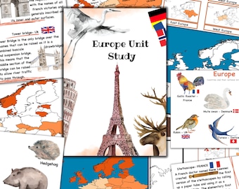 May include: A colorful educational poster about Europe, featuring a map of Europe with countries highlighted in orange, a drawing of the Eiffel Tower, and illustrations of animals native to different European countries, including a rooster, a swan, a robin, and a hedgehog. The poster also includes text about the Arc de Triomphe, Tower Bridge, and the stethoscope.