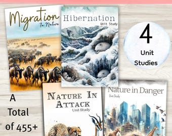 May include: An educational bundle titled "Animal Adaptations" featuring four unit studies. The covers display illustrations of animal migration, hibernation, nature in attack, and nature in danger. The bundle includes over 455 pages of content.