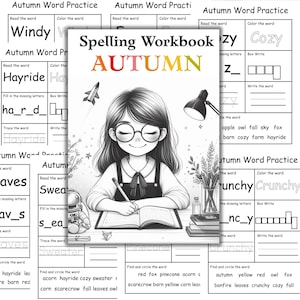 May include: A black and white illustration of a girl wearing glasses writing in a book, with the title "Spelling Workbook AUTUMN". The image includes worksheets with autumn-themed word practice.