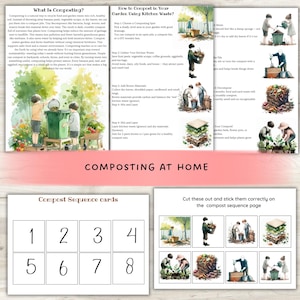 May include: A set of educational composting materials. Includes illustrated instructions on composting, sequence cards numbered 1-8, and a title that reads "Composting at Home". The illustrations show children and adults composting.
