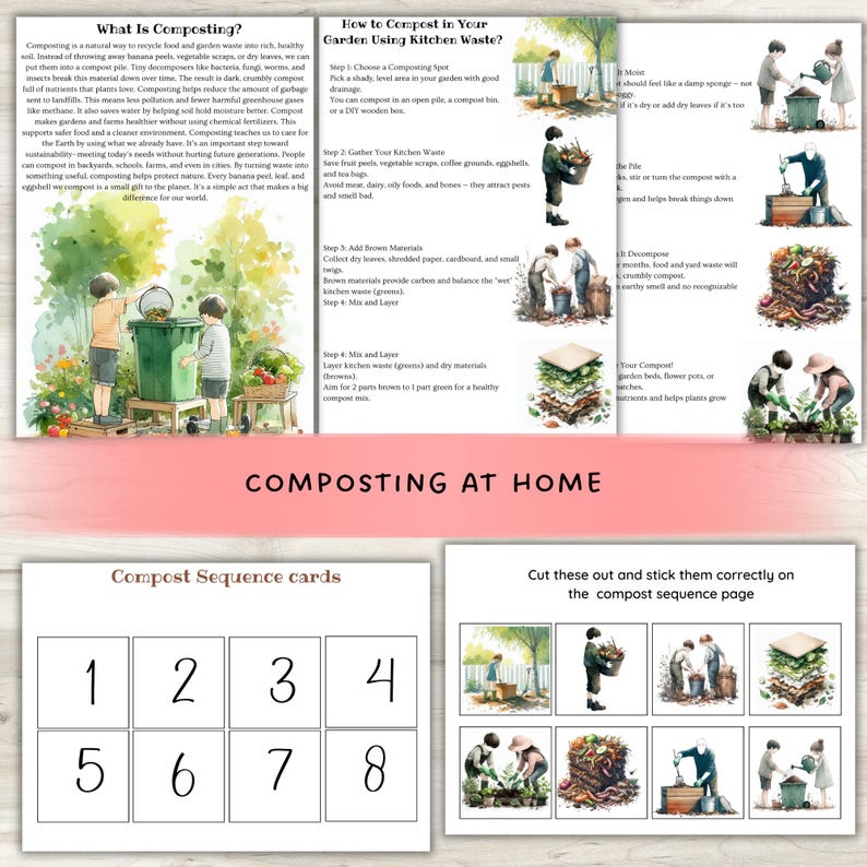 May include: A set of educational composting materials. Includes illustrated instructions on composting, sequence cards numbered 1-8, and a title that reads "Composting at Home". The illustrations show children and adults composting.