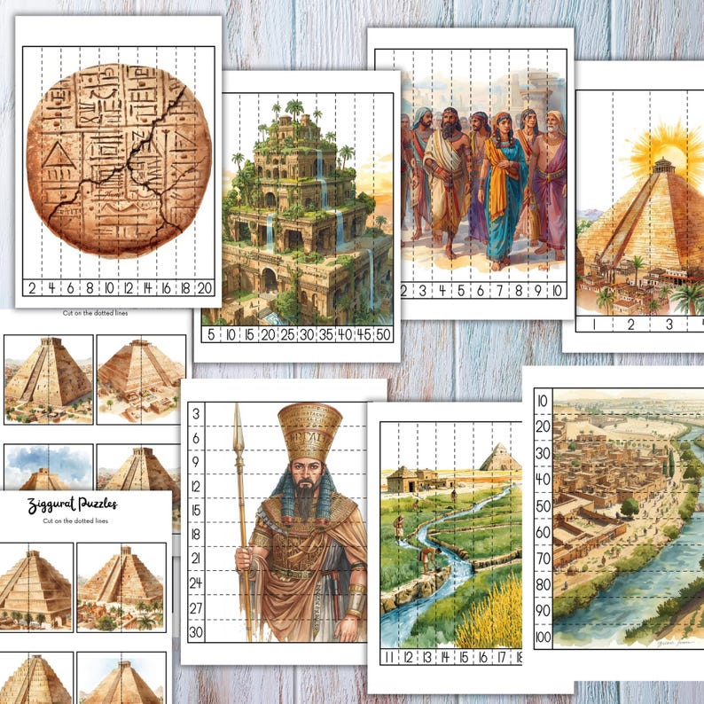 May include: A collection of watercolor puzzles featuring ancient civilizations. The puzzles include images of pyramids, historical figures, and cityscapes. Each puzzle is divided into numbered sections for easy assembly. The text "Ziggurat Puzzles" is visible.