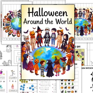 May include: A colorful illustration titled "Halloween Around the World" features children in various costumes standing around a globe. The image includes bats and other Halloween-themed elements, with additional activity pages visible.
