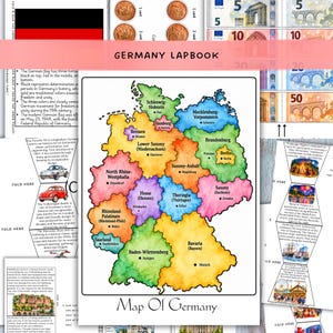 Op de afbeelding: Een educatieve lapbook-set over Duitsland met een kleurrijke kaart in aquarel-stijl, gelabelde deelstaten en hoofdsteden, en informatiekaarten over de Duitse geschiedenis, valuta, bezienswaardigheden en culturele tradities.