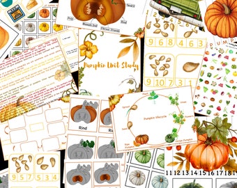 Pompoeneenheidstudie afdrukbaar, Pompoenlevenscyclus, Delen van Pompoen, Pompoen 3 deelkaarten, Pompoenpuzzel, Herfstactiviteit, Halloween-activiteit