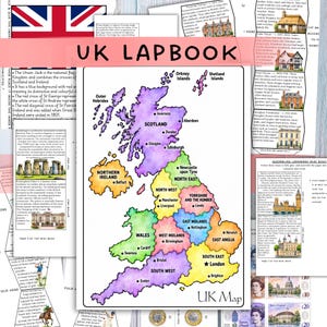 May include: A UK lapbook educational kit featuring a colorful watercolor-style map of the United Kingdom with labeled regions and cities. The set includes informational pages about British landmarks, history, and culture with text and illustrations.