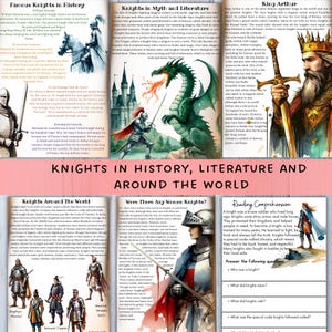 May include: A multi-page book spread about knights in history, literature, and around the world. The pages feature illustrations of knights, dragons, and text about famous knights and their stories.