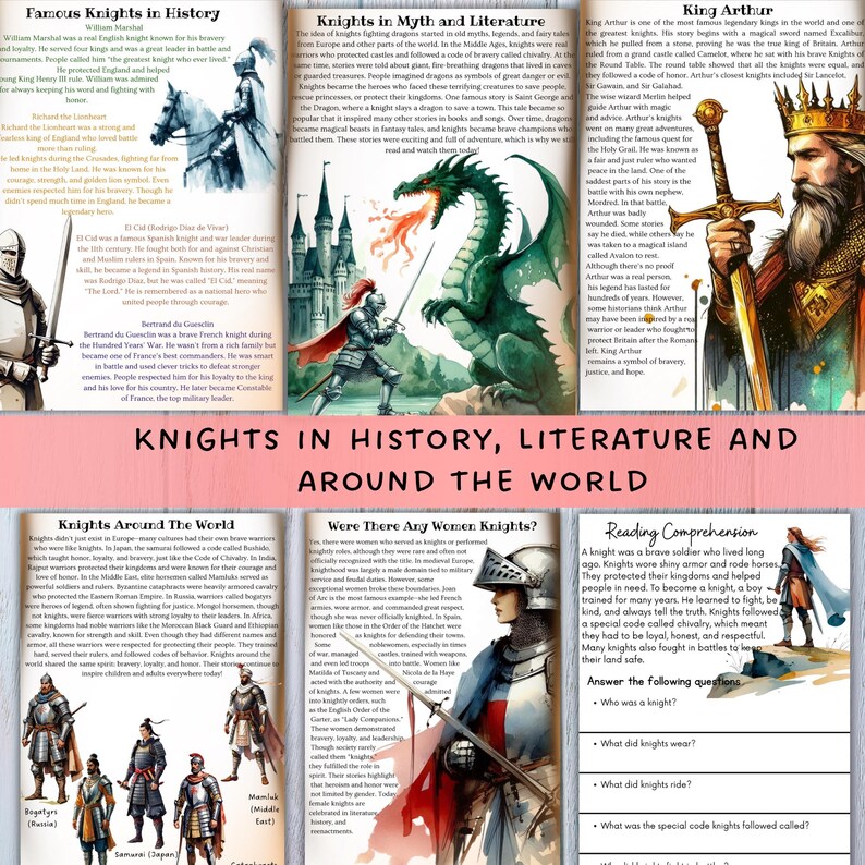 May include: A multi-page book spread about knights in history, literature, and around the world. The pages feature illustrations of knights, dragons, and text about famous knights and their stories.