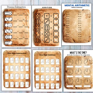 May include: A collection of educational worksheets on aged paper. Topics include domino subtraction, addition, mental arithmetic, one-digit subtraction and addition, and telling time. Each worksheet features problems and space for answers.