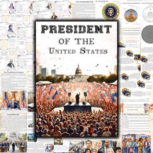 Puede incluir: Una ilustración del edificio del Capitolio de los Estados Unidos con una multitud de personas frente a él. El texto "PRESIDENT OF THE UNITED STATES" está en la parte superior de la imagen.