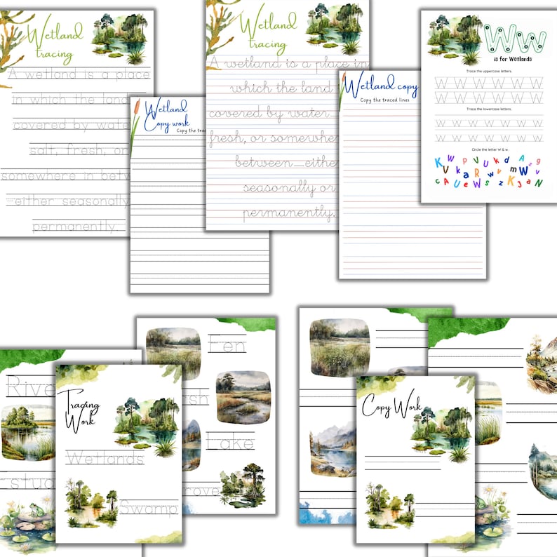 May include: A collection of educational worksheets featuring wetland-themed illustrations and tracing exercises. The pages include tracing letters, copying sentences, and learning about wetlands. The color palette includes green, blue, and brown.