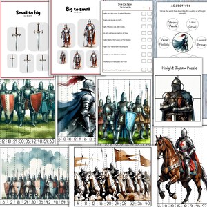 May include: A collection of educational worksheets featuring knights and medieval themes. Includes activities like size sorting, true or false questions, adjective identification, and a jigsaw puzzle. The illustrations depict knights in armor, swords, and horses.