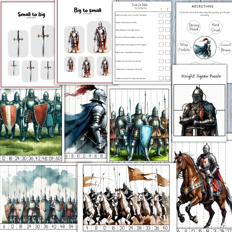 May include: A collection of educational worksheets featuring knights and medieval themes. Includes activities like size sorting, true or false questions, adjective identification, and a jigsaw puzzle. The illustrations depict knights in armor, swords, and horses.